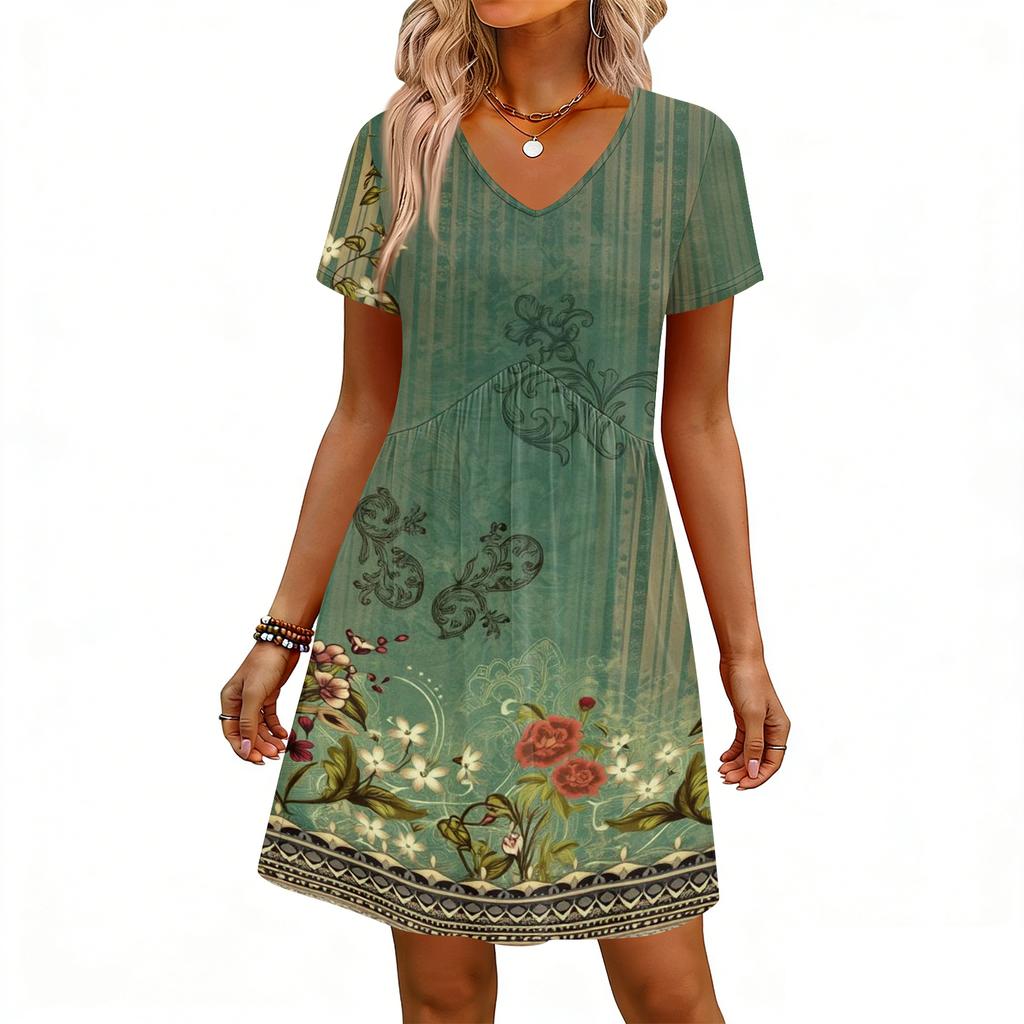 Modisches Damenkleid mit Print, V-Ausschnitt, kurzärmelig, locker, lässig, für den Strandurlaub