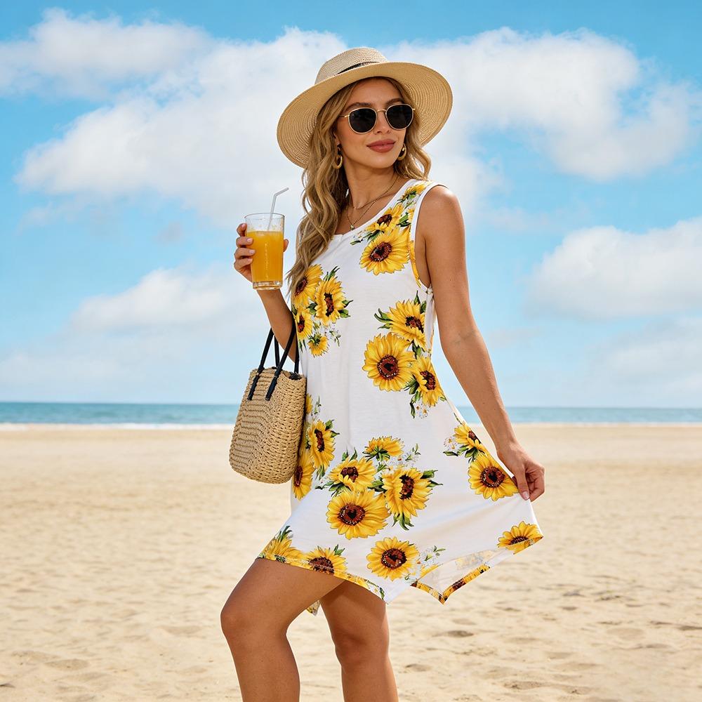 Vacation Style Sunflower Print Dress – Sleeveless Loose Fit Beach Tunic for Women S