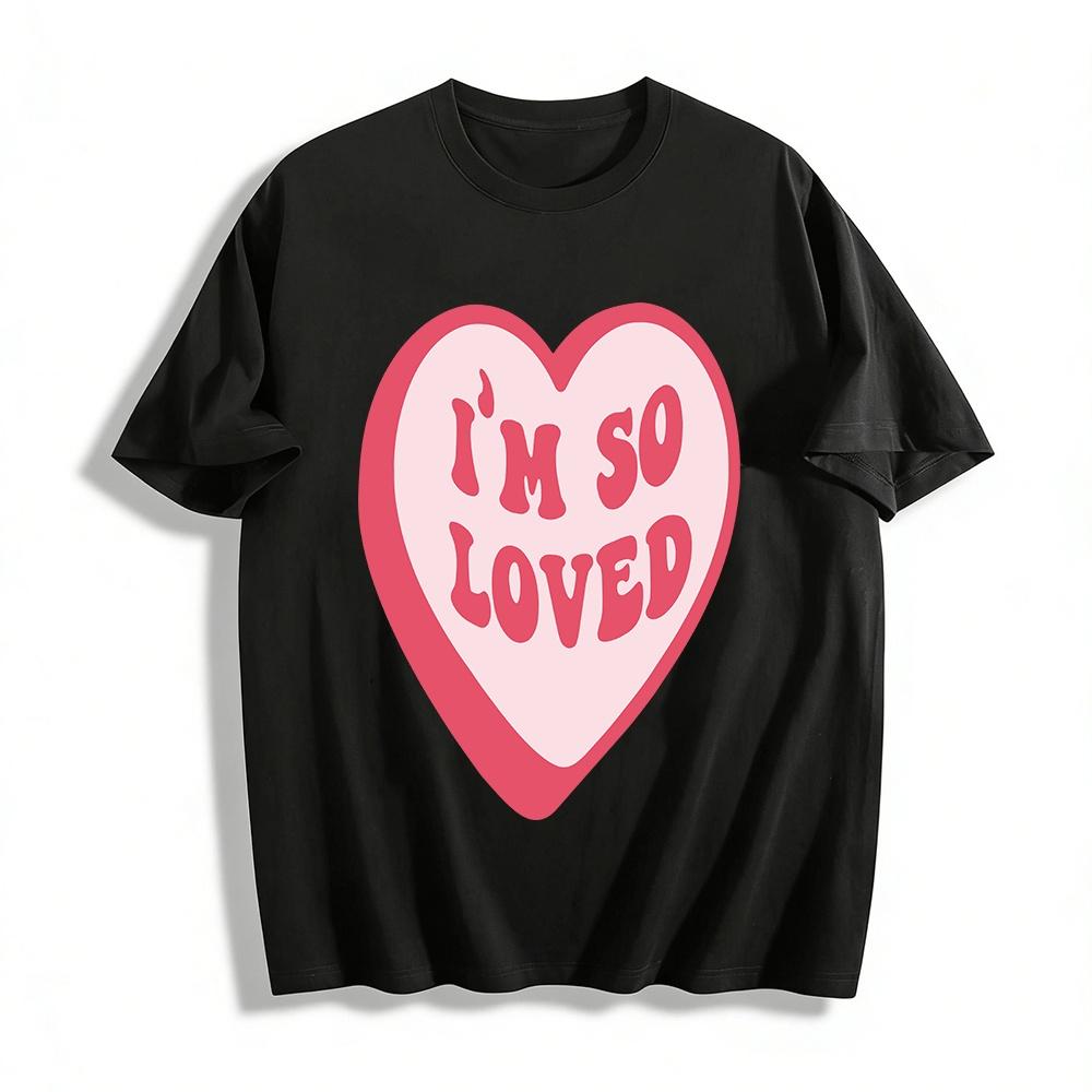 Heart Print Casual Top I'M SO LOVED Slogan Sweet Style Loose T-Shirt Pure cotton T-shirt