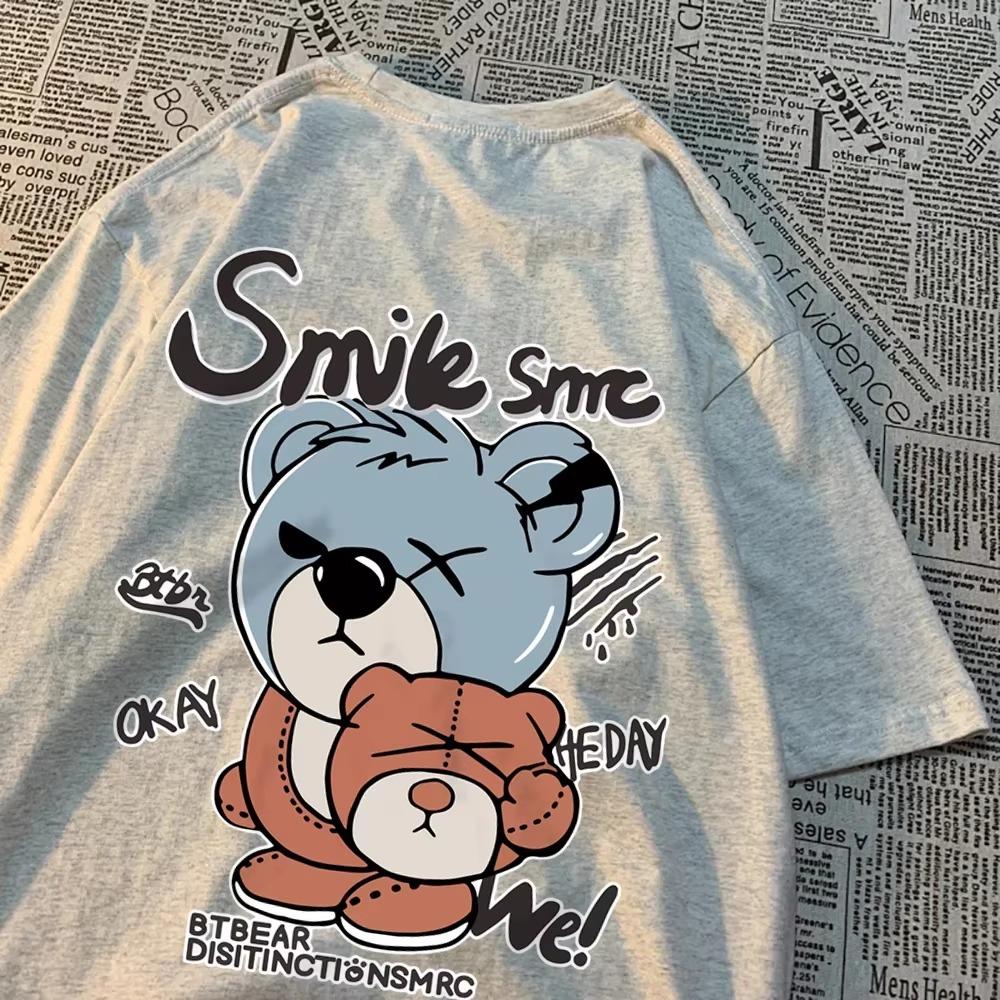 Koszulka Miś Teddy z Kapturem Off Męska Damska Hip Hop Streetwear Para Nadruki Top O-Neck T-shirt Ubrania Bawełna Oversize T-shirt