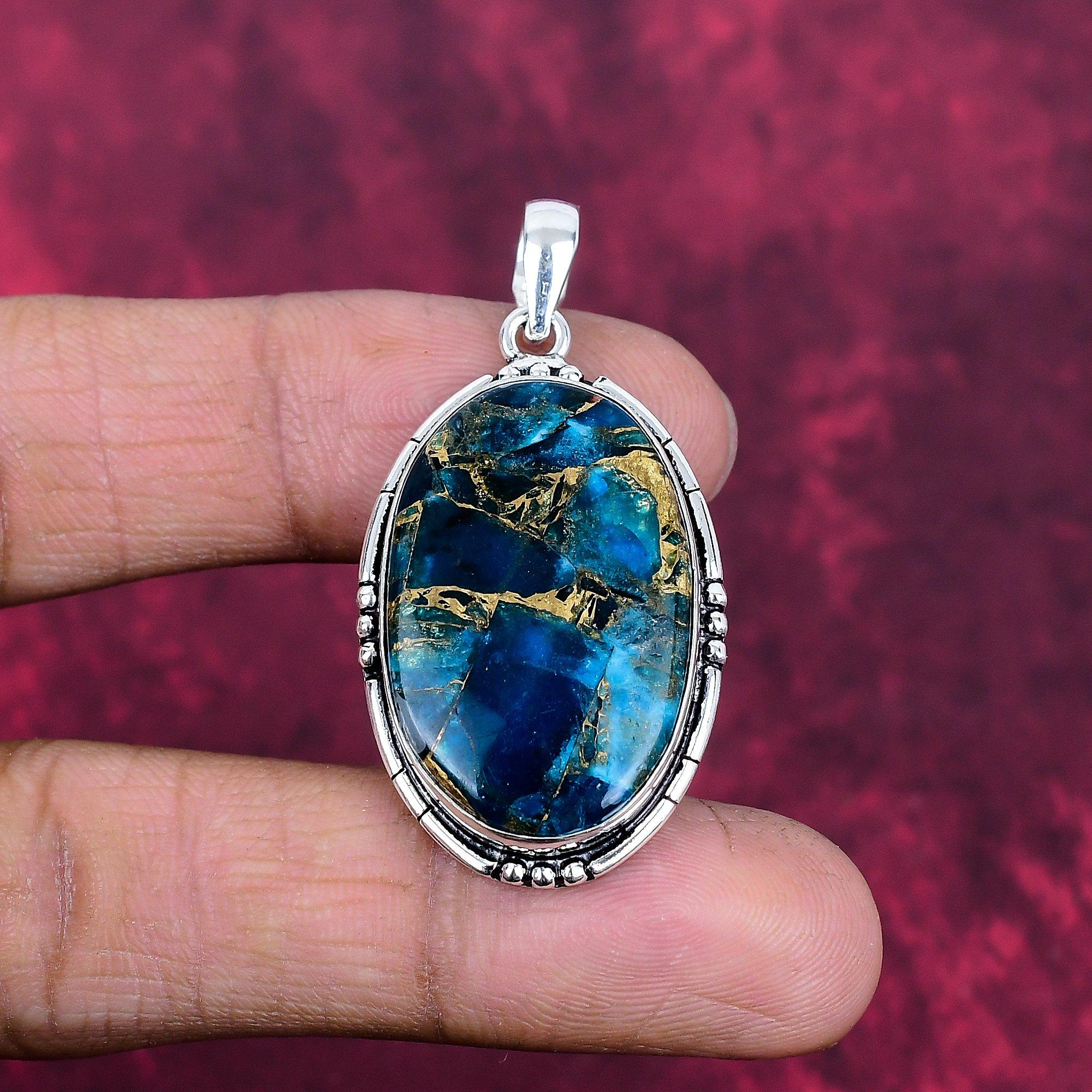 

Irani Copper Turquoise Handmade Silver Pendant, 925 Sterling Silver Boho Pendant, Beautiful Rutile Gemstone Pendant Gift For Love 1.77 Inches