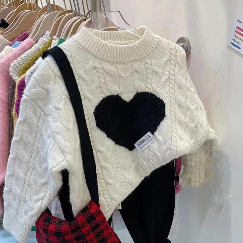 Autumn Winter Medium-sized Children's Girl's Thickened Love Knit Sweater Girls Pullover Knitted Top