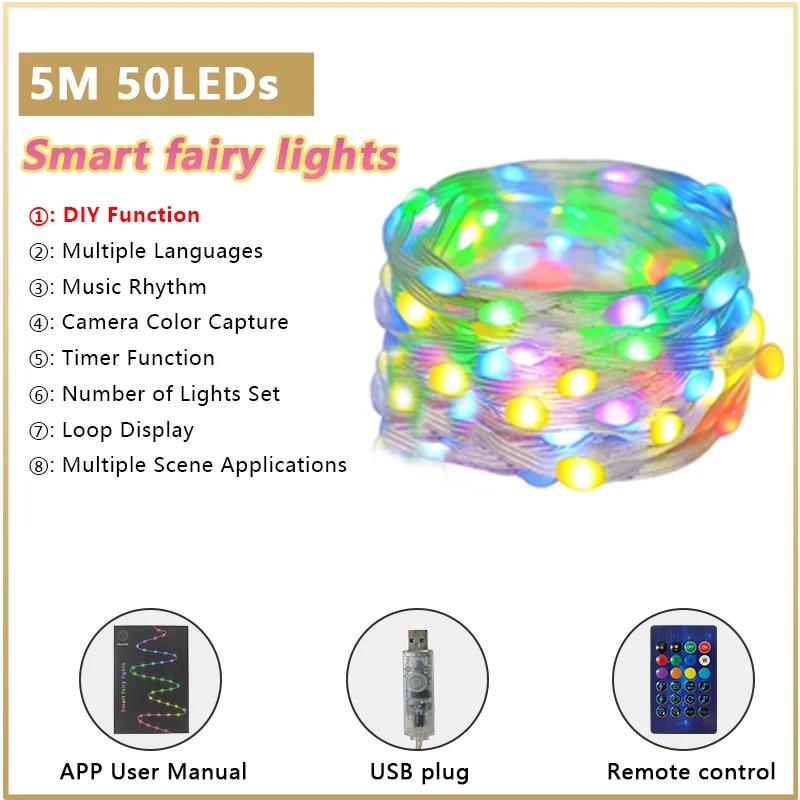 

Умная светодиодная гирлянда-фея для рождественской елки с управлением через приложение, RGB-цвета, синхронизация с музыкой для украшения рождественской елки на улице и в помещении USB