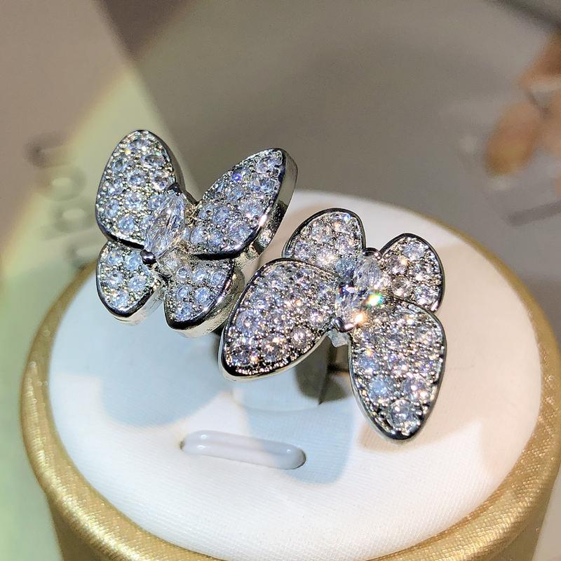 925 Silver Luxury Vintage Double Butterfly Full Crystal Ring Jewelry For Women Rhinestone Sweet Girls Ring Female Wedding Rings