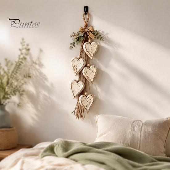 Decorative Living Room Art Farmhouse Hanging Heart Wall Decor with 5 Layer Wooden Hearts, Vintage Boho Wood Natural Accent Trinket Shelf for Bedroom,
