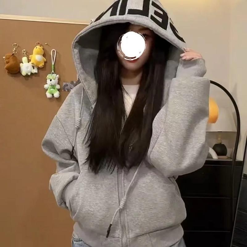 

Spring and Autumn New Style Hooded Letter Printed Sweater Women s Loose Versatile Cardigan Short Jacket Top S сірий