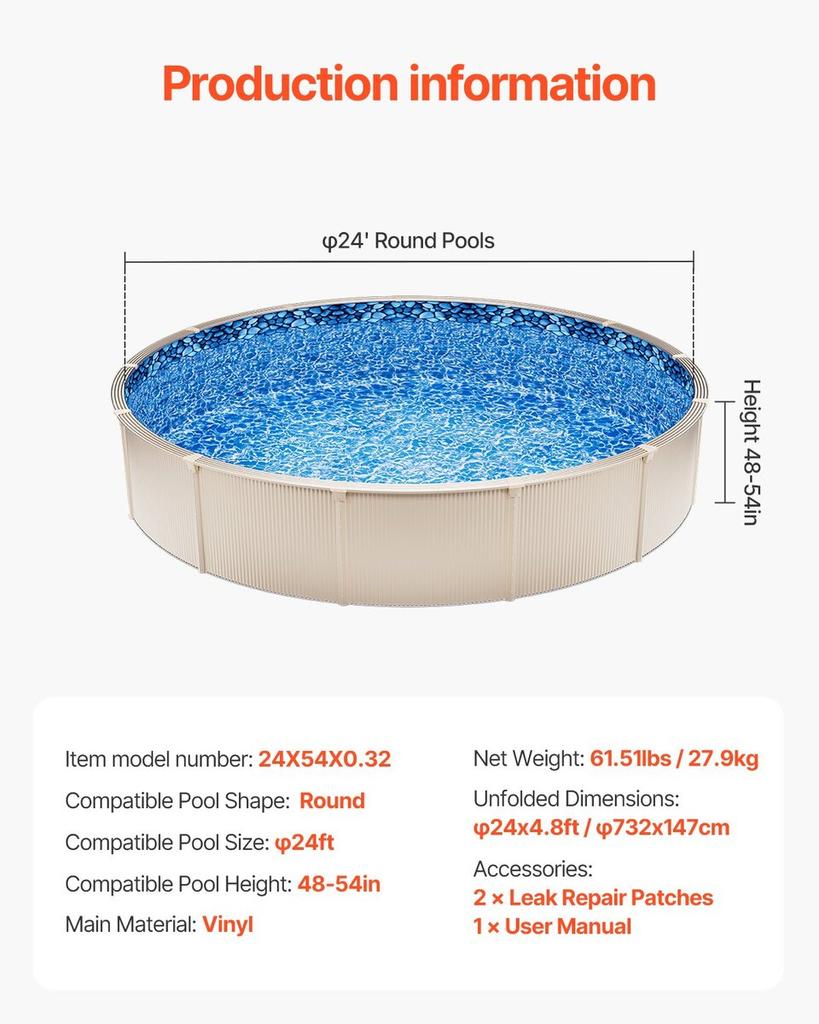 Round Pool Liner 24ft Overlap Style Pool Liner 54in Wall Height
