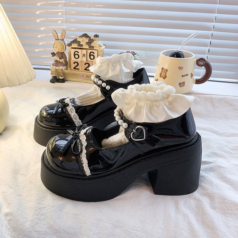 Internet Celebrities Platform Heightening Mary Jane Shoes 2025 Spring and Summer New Lace Bow Small Leather Shoes Pearl Single Shoes Women
