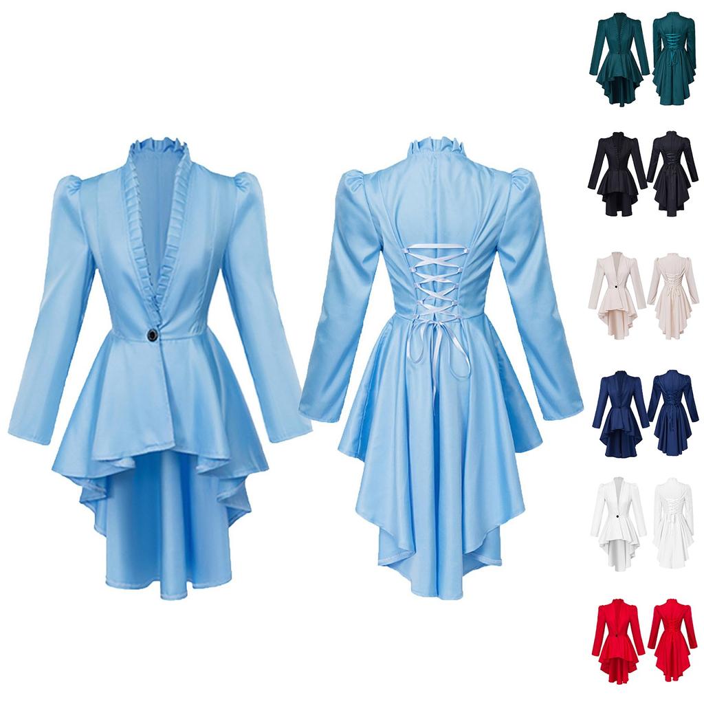 Halloween Carnival Dress Up Party Outfit Coat Medieval Victorian Dress Costume Women Tuxedo Tailcoat Gothic Steampunk Trench Hem