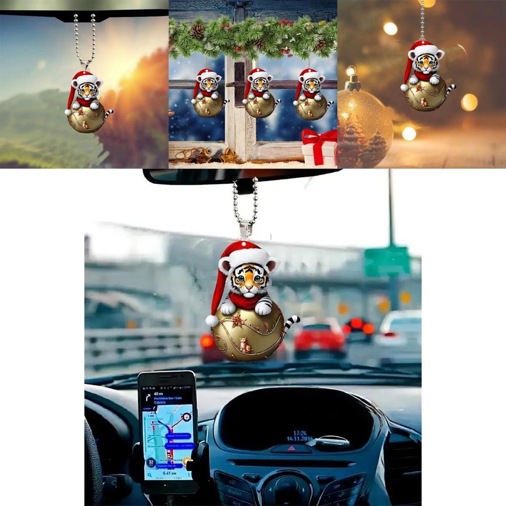 Automotive Decoration Keychain With Cute Tiger Wearing Christmas Hat Design Acrylic Ornament For Car Interior