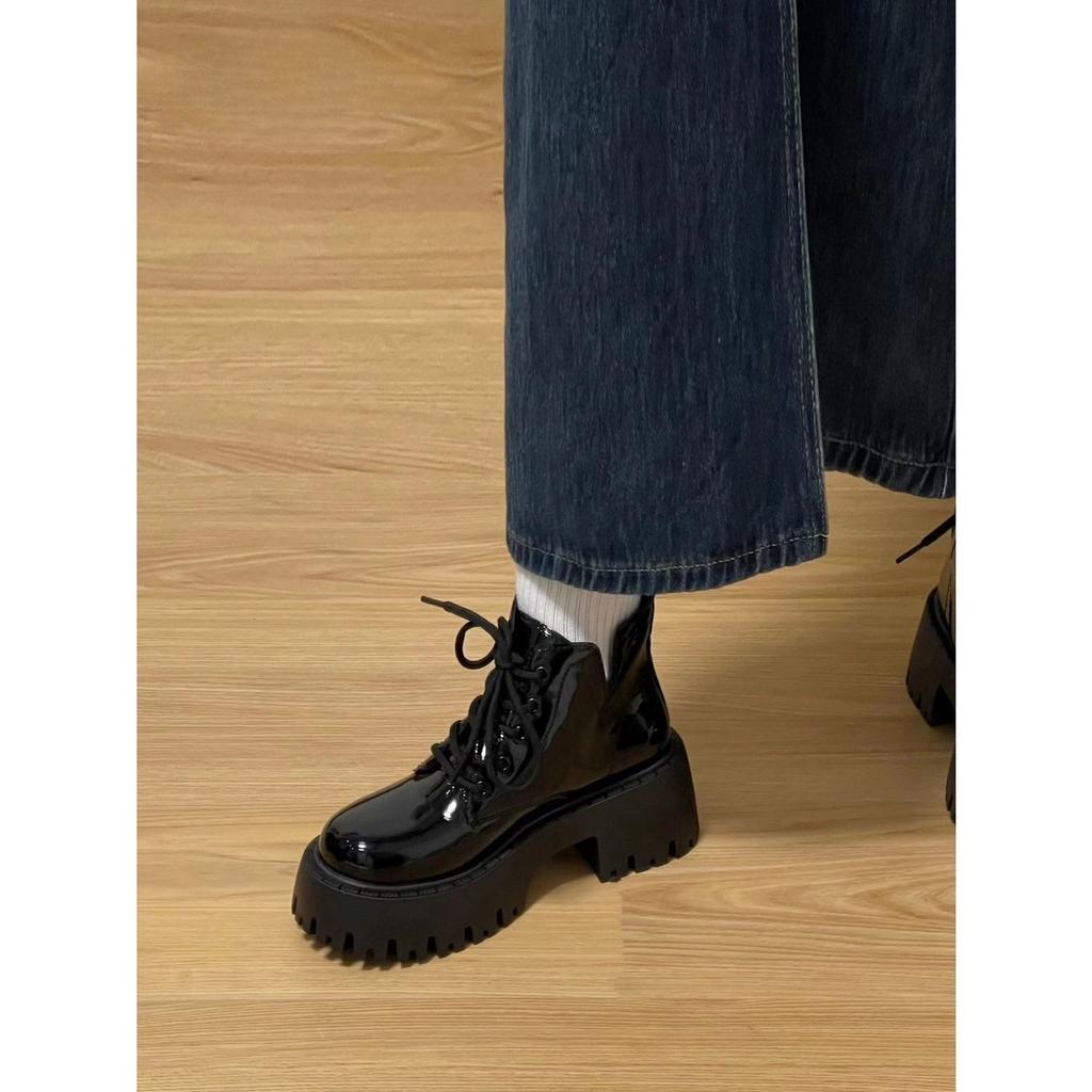 Black Patent Leather Martin Boots Women's 2025 Autumn New British Style Thick-soled Heightened Popular Locomotive Boots Retro Short Boots