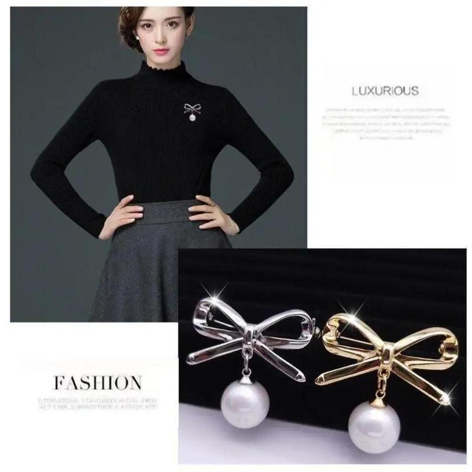 Elegant Simple Bow Brooches For Women Bowknot Pin Pearl Pendant Safety Lapel Pins Wedding Jewelry Body Accessories Creative Gift