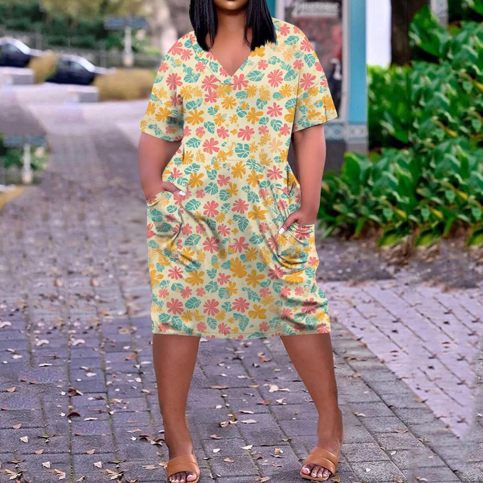 

Summer Plus Size V Neck Short Sleeve Knee Pocket Print Casual Dress For Women XL жовтий