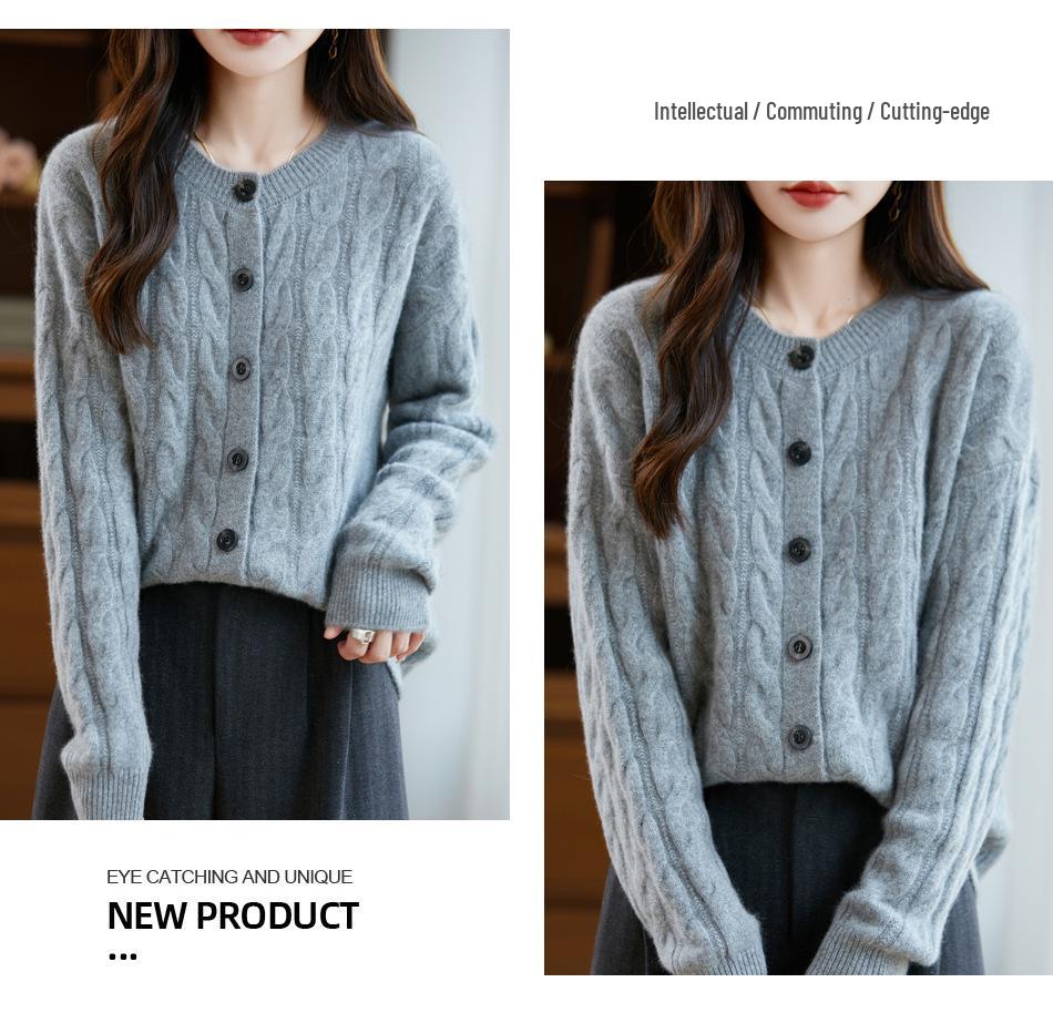 New Thickened 100% Wool Cable Knit Cardigan - Round Neck, Versatile Outerwear for Autumn & Winter
