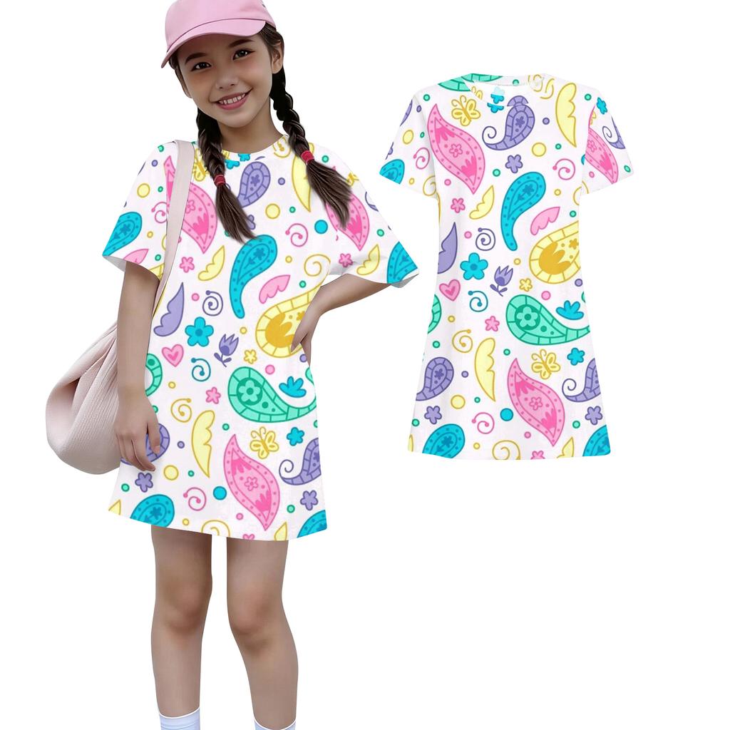 Girls Print Casual Dress Kids Loose Round Neck Short Sleeve Thin Sundress