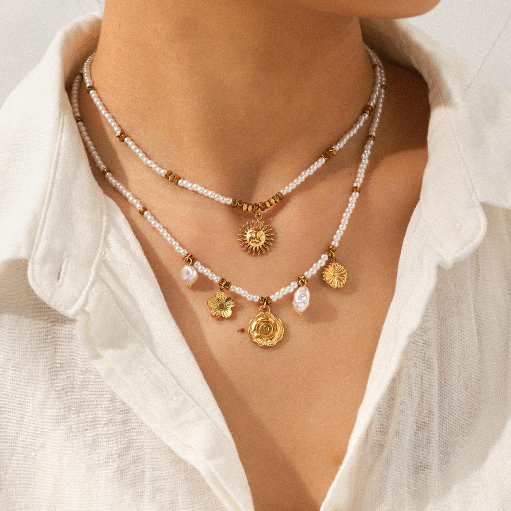 Euro-American Style Pearl Chain Stainless Steel Sunflower Pendant Necklace for Women, High-end Accessory and Outfit Jewelry