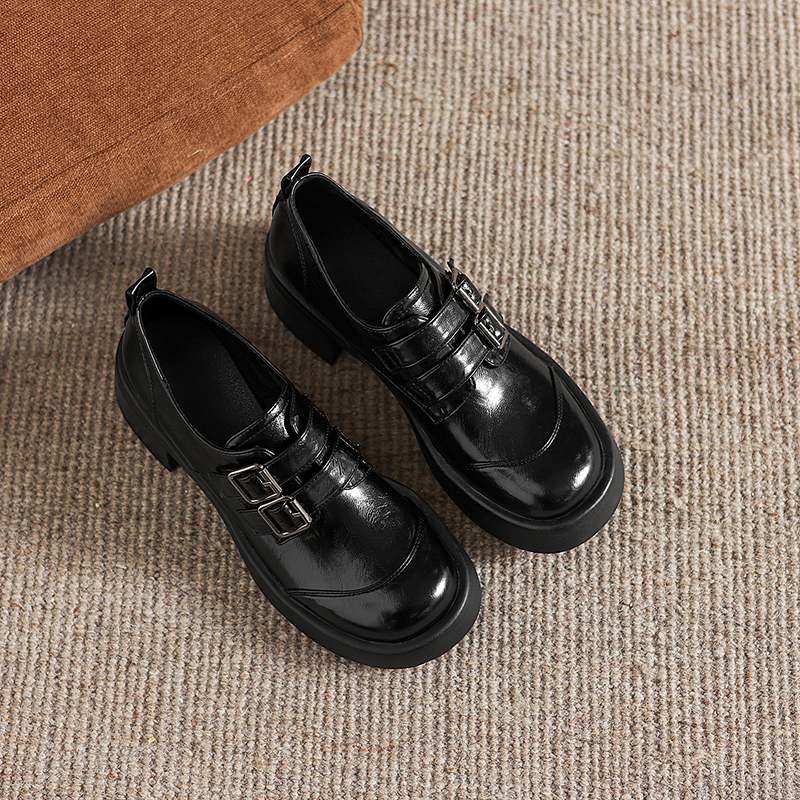 Krazing Pot Microfiber Round Toe Chunky Heels Spring Summer Shoes Big Size 43 Size 33 Women Metal Buckle Platform Pumps