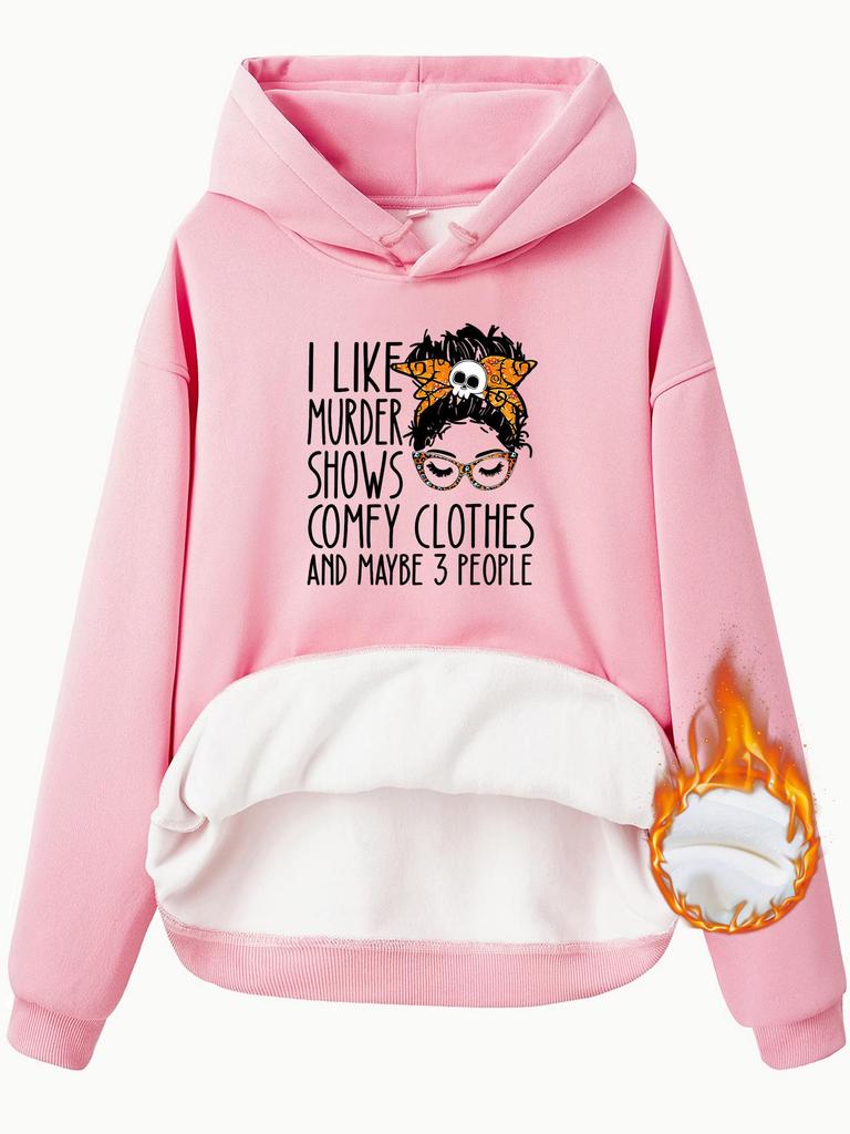 European and American Women's Kangaroo Pocket Hooded Long Sleeve Plush Sweatshirt with Print Design