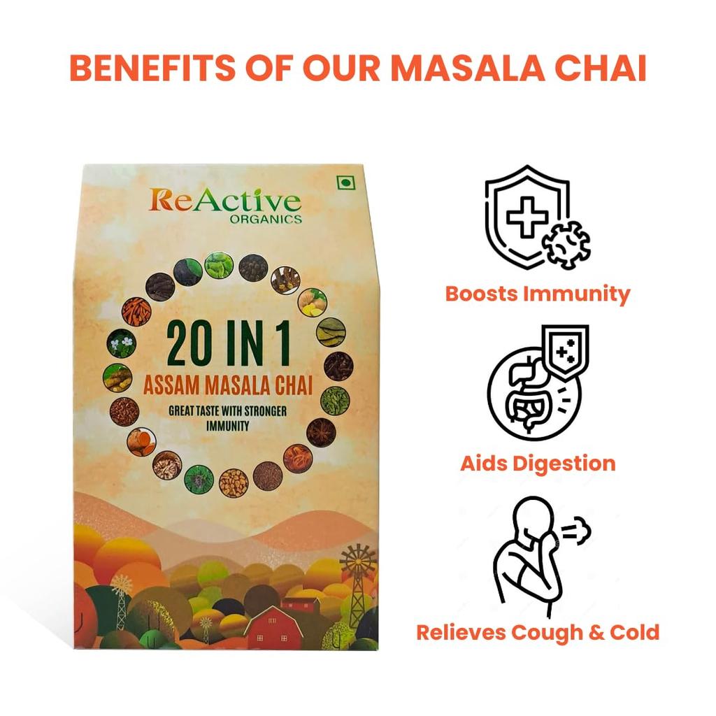 ReActive Organics 20 IN 1 Assam Masala Tea 200g | Strong Kadak Chai | Premium Assam CTC Black Tea with 20 Real Indian Spices | No Artificial