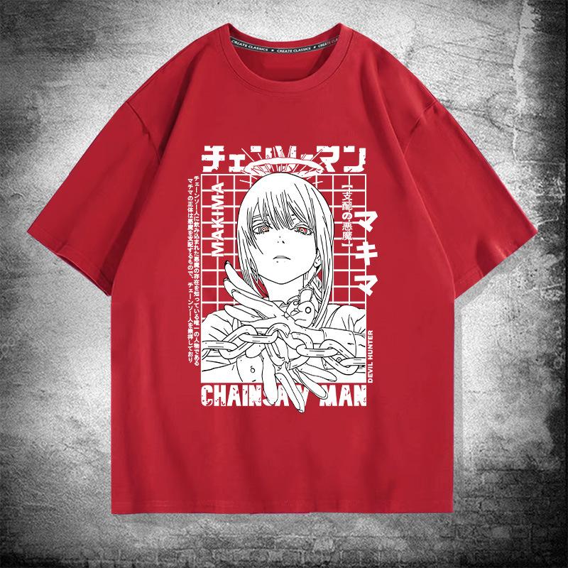 Japanese anime chainsaw man Makima pure cotton short-sleeved men's T-shirt Summer trend brand loose off-the-shoulder half-sleeve