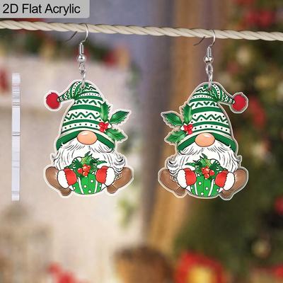 2D Flaches Acryl Weihnachtsfest Cartoon Grüner Zwerg Malerei Ohrring Claus für Weihnachts-Schmuck für Frauen Weiblich