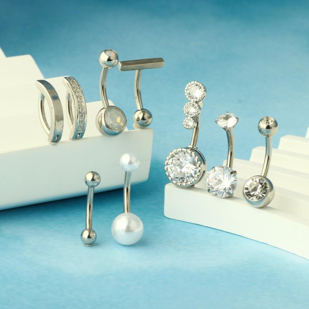 9pcs Set Trendy Classic Arc Double Head Shiny Round Zircon Navel Ring for Women Men Stainless Steel Piercing Body Jewelry Sets