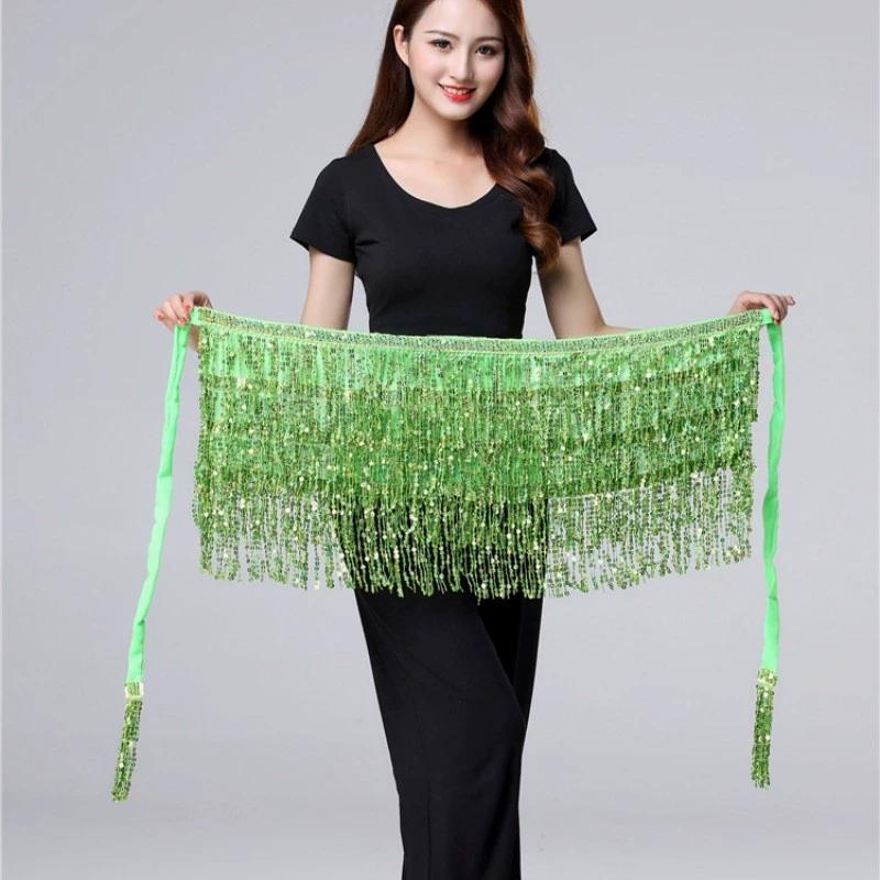 Latin Dance Hula Short Skirt Dress Stage Carnival Party Performance Hip Scarf Three-Layer Tassel Belly Dance Sequins Waist Chain