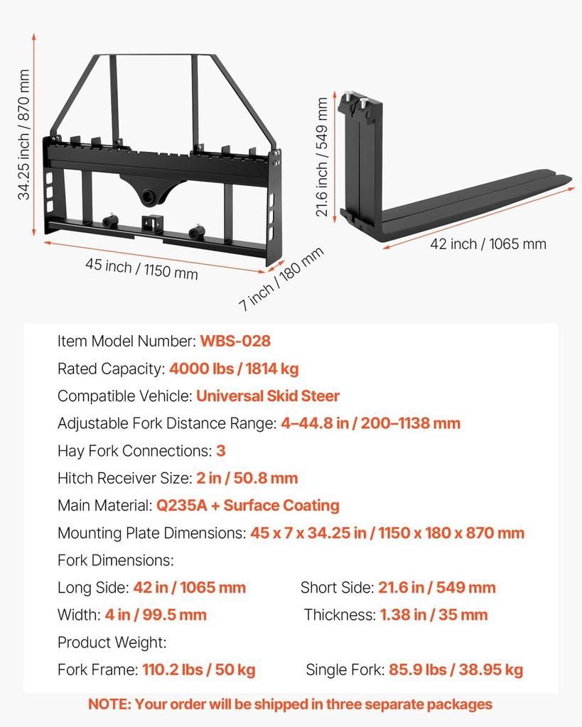 Skid Steer Pallet Forks, 1814 Kg Rated Capacity, Pallet Fork Frame Attachment with 1065 Mm Pallet Forks Forklift Blades, 50.8 Mm Hitch Receiver &