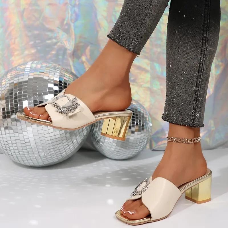 Fashion Female Shoes On Sale 2025 High Quality Open Toe Fashion High Heels Summer New Metal Decoration Dress Women's Slippers Flip Flops