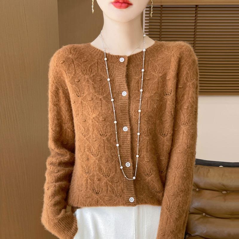 Women Solid Color Round Neck Hollow Out Knitted Cardigan Loose Long Sleeve Fashion Sweater Outerwear