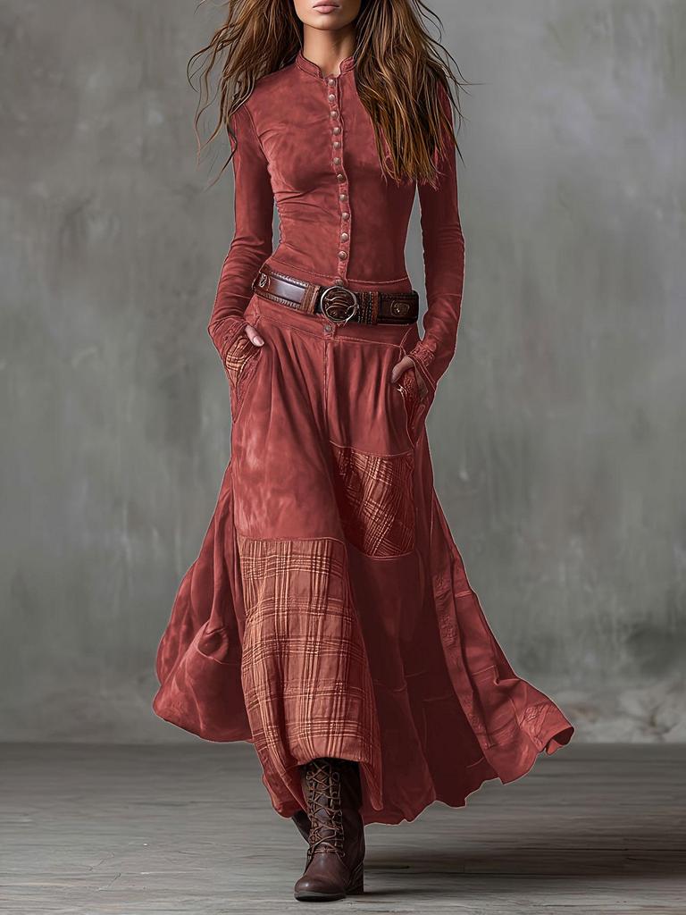 Suede Plaid Patchwork Skirt Dress with Pockets & Button Belt - Commuter Style