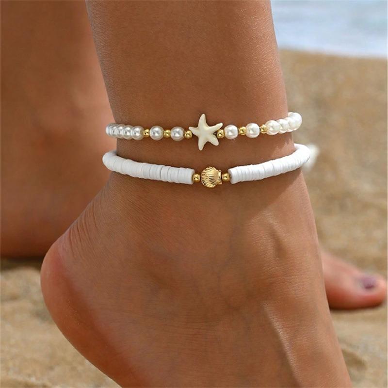 Bohemian Metal Shell Starfish Simulated Pearl Chain Anklet Set for Women Stackable Anklet Bracelet Barefoot Beach Jewelry Gift