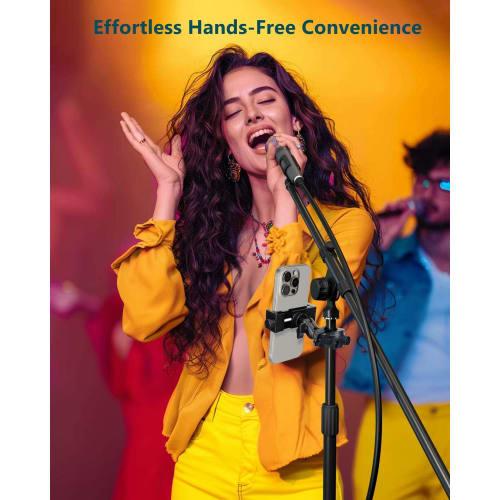 ROTKUEIEE Smartphone Holder for Microphone Stands, Music Phone Stand with 360-Degree Rotation, Adjustable Angle, Anti-Slip, Easy Installation, Portabl