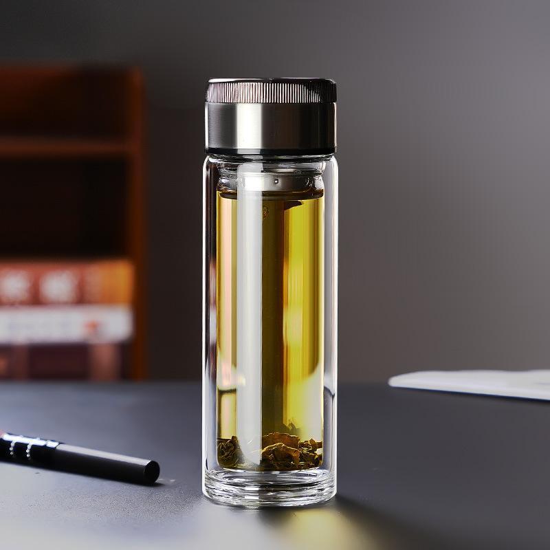 Threaded Double-Layer High Borosilicate Glass Tea Cup with Custom Logo and Screw Cap