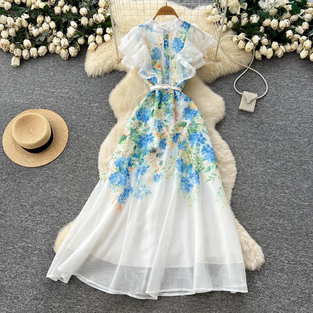 Vacation style V-neck lace-up waist printed dress women's summer new lotus leaf sleeves slim temperament commuter dress