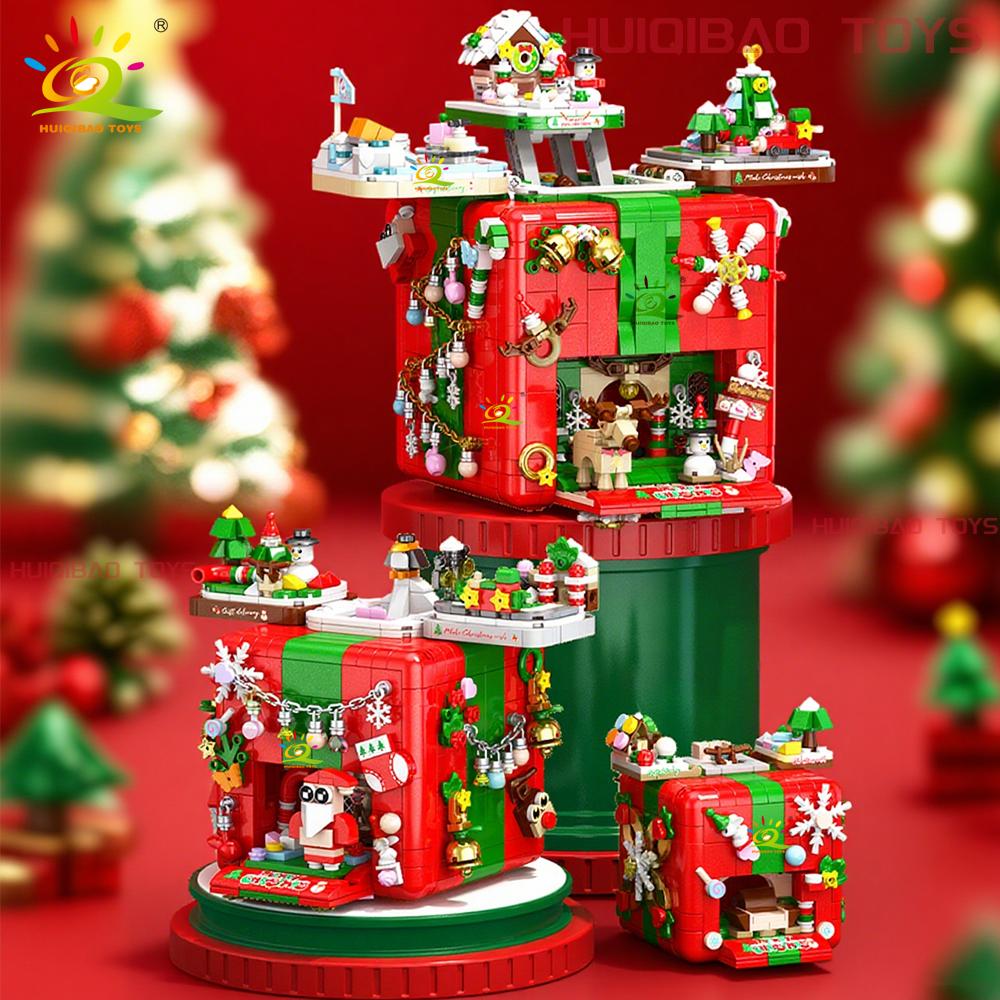 Non-Toxic Christmas Gift Surprise Mechanism Box Model Building Block Diy Elk Snowman Bricks Ornament Toys For Children Adult