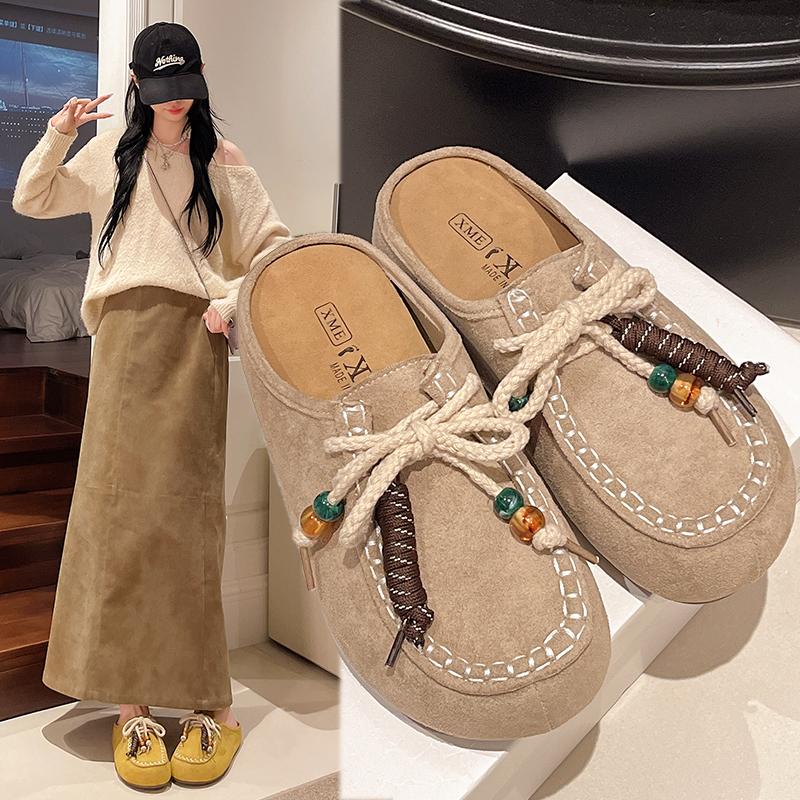 Fashion Autumn New Retro Baotou Flat Slippers Women's Round Toe Deep Mouth Platform Suede Front Lace-up Soft Slip Slides Women Slippers