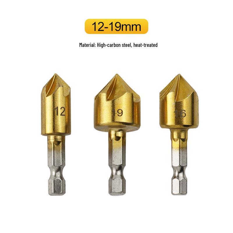 Plastic Wood Board Chamfering Tool Set: 82° Hex Shank Five-Flute Countersink, 6mm-19mm, Six Pieces.
