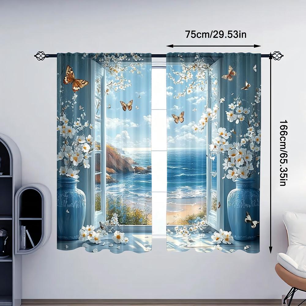 2pc,  Curtain Seaside landscape and white flowers Butterflies Fabric,Without Electricity Versatile for Holiday Family Party
