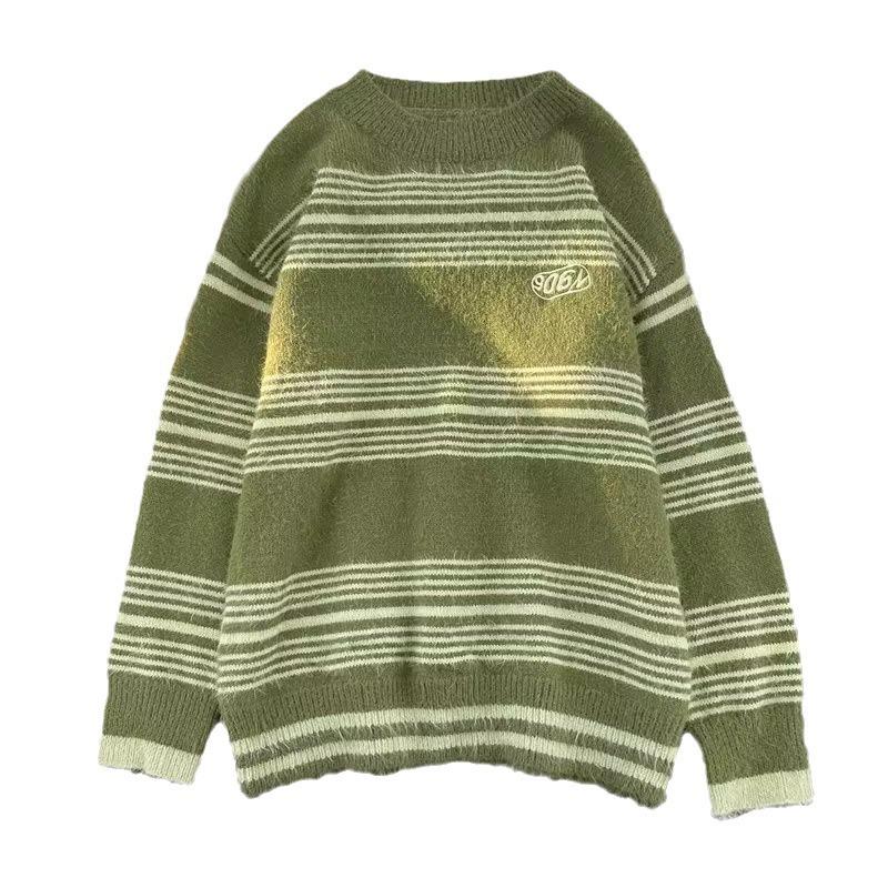 Autumn and winter hiphop retro splicing striped sweater men's American street ins lazy wind loose pullover knitted sweater