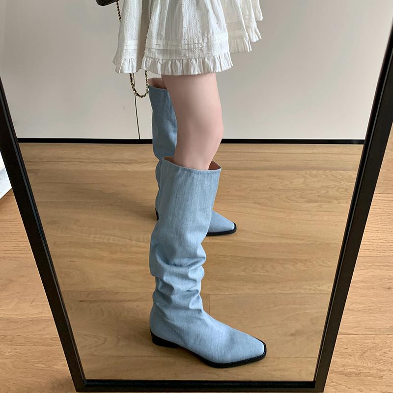 Krazing Pot Denim automne hiver chaussures bout rond épais talons moyens sans lacet plissé décoration bottes occidentales femmes cuissardes