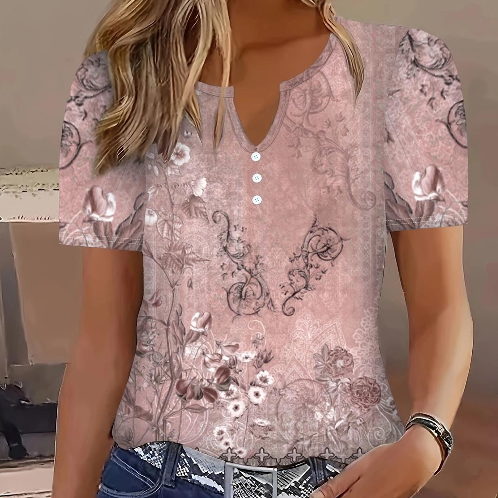 GMXIA Ležérní Volný Módní Top s Krátkým Rukávem a Potiskem Elementů Jaro Léto Dovolená Dámské Tričko s V-výstřihem