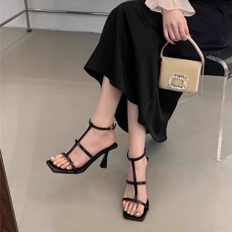 

High heels women s spring new square head thin heel one-word thin belt cool slippers women s sandals 35