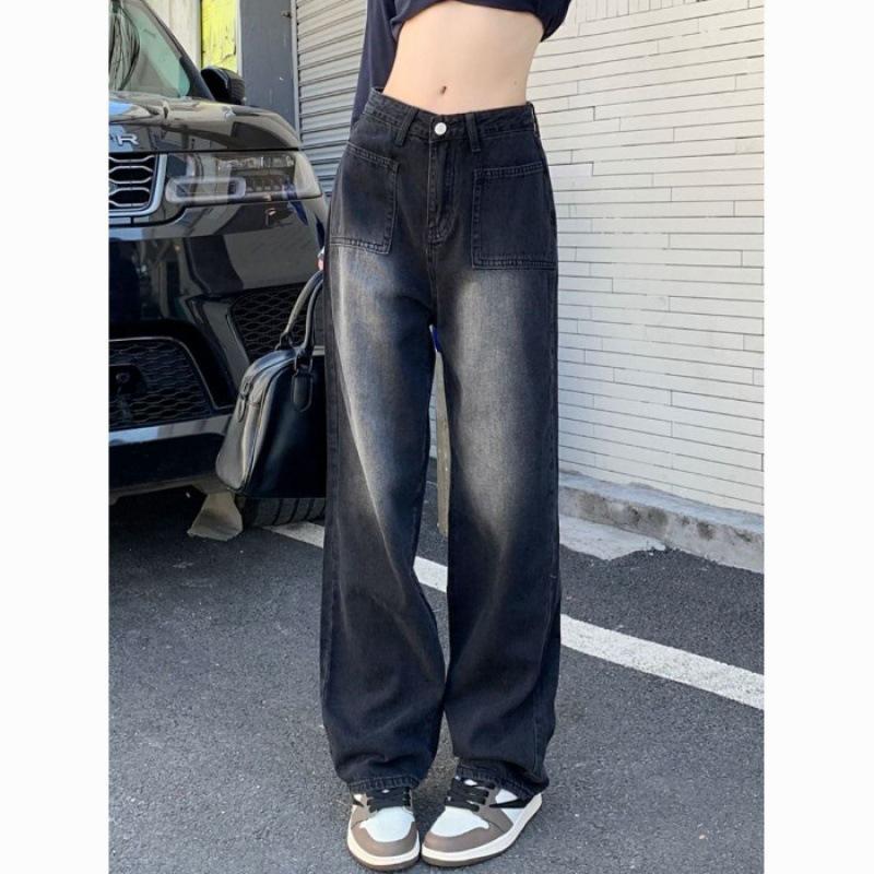 Autumn Women s High-Waist Washed Black Retro Wide-Leg Jeans Medium