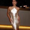 Women Metallic Halter Midi Dress Sleeveless Bodycon Split Party Club Evening Dress