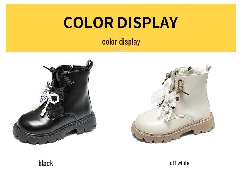 Autumn 2025 Girls' Beaded Bow Martin Boots - Short Leather Fashion Boots for Little Girls