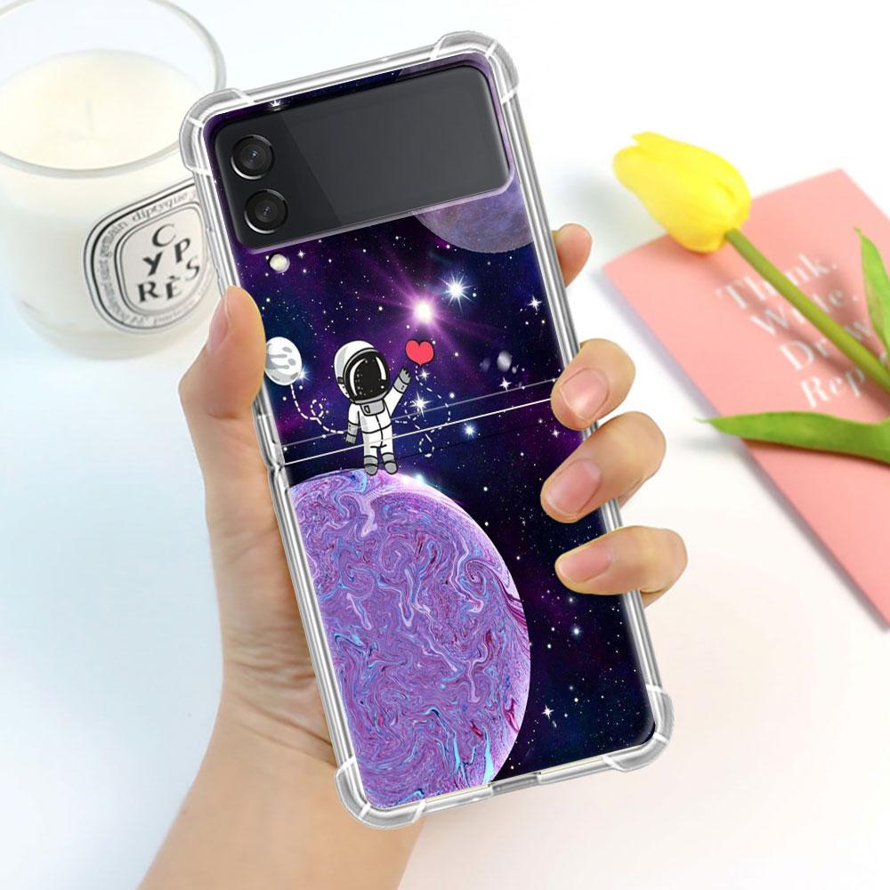 Luxury Case For Samsung Galaxy Z Flip 3 4 5G Funda Z Flip3 Clear PC Hard Shockproof Back Phone Coque Shell Astronaut Universe