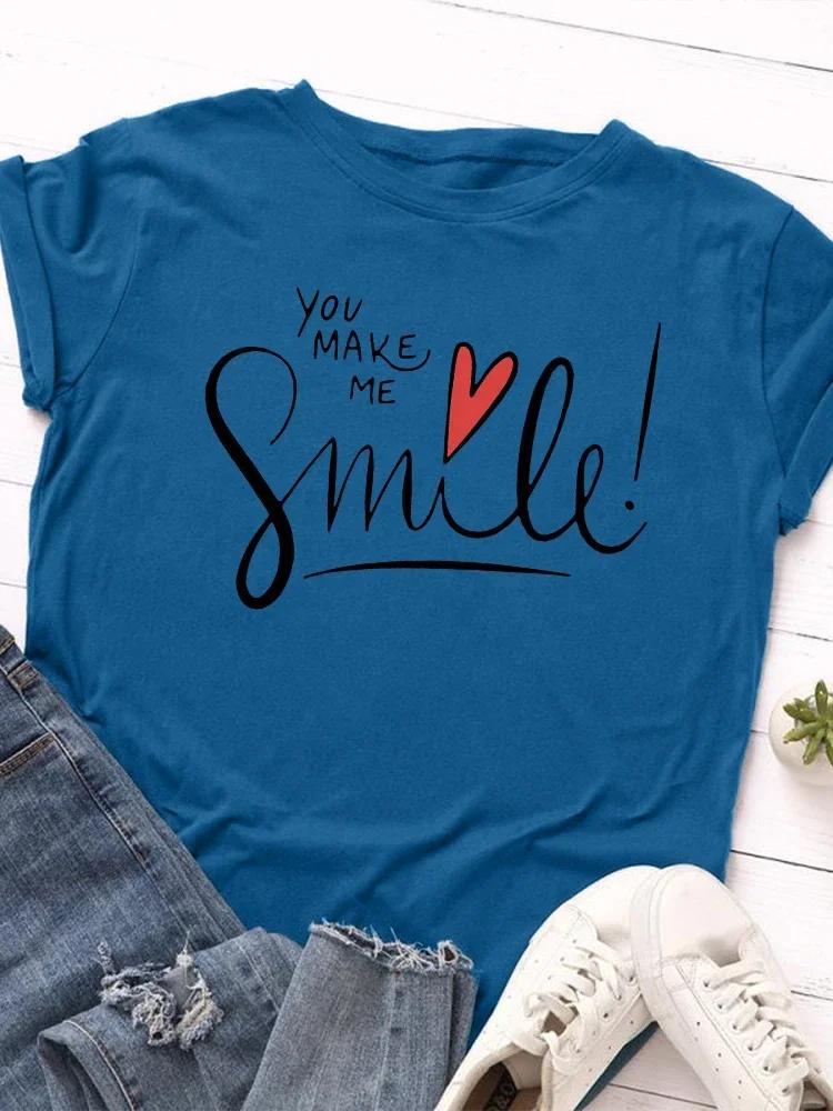 

Футболка с принтом «Ты заставляешь меня улыбаться» женская с коротким рукавом и круглым вырезом свободная футболка летняя женская повседневная футболка топы женские рубашки XXXL синий