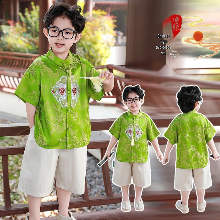 Boys' Hanfu Tang Suit - Dragon Boat Festival 2026: Green Gem National Style Short Sleeve Set for Toddlers