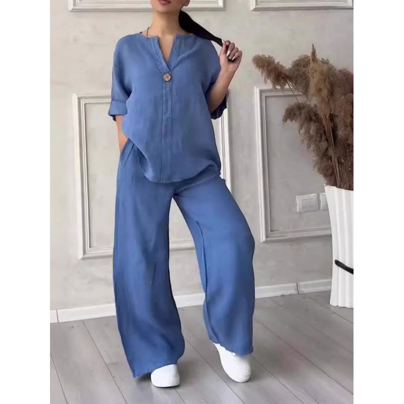 Summer 2025 Fashionista V-Neck Long-Sleeved Multi-Color Cotton Linen Pants Set for Women